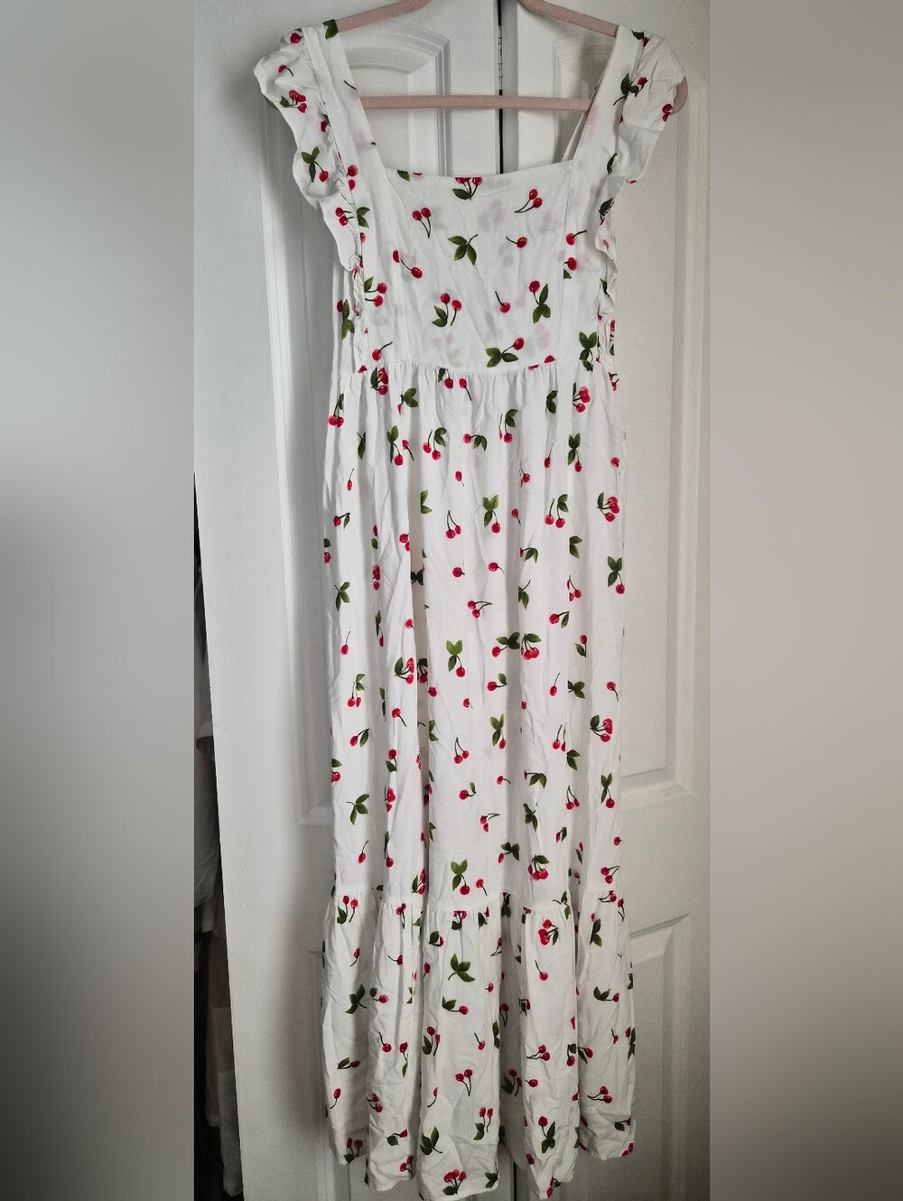 White Cherry-Print Maxi Dress with Ruffle Straps